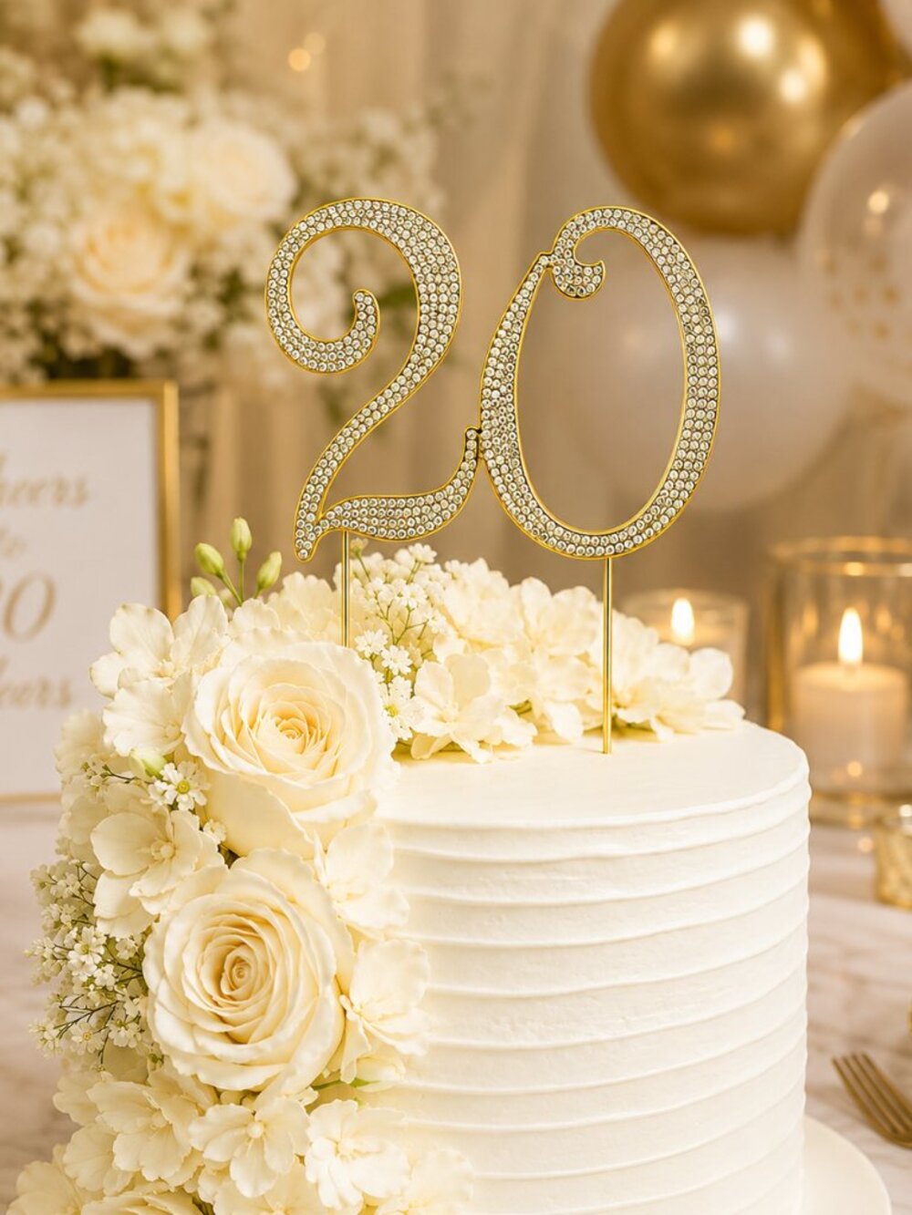 Rhinestone Cake Topper - Number 20 - Gold Metal with Czech Rhonestones